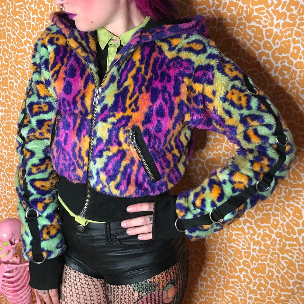CLUB EXX LISA FRANK NEON GOTH PUNK FAUX FUR ZIP UP HOODED JACKET